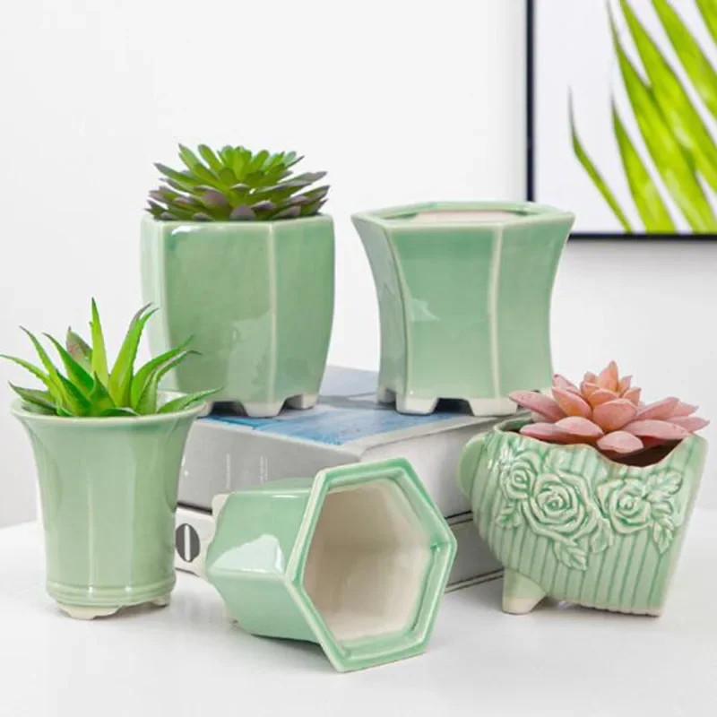 Celadon Creative Geometric Shape Porcelain Flowerpot Breathable Vase Gardening Art Fleshy Pot Container Planter Home Decor