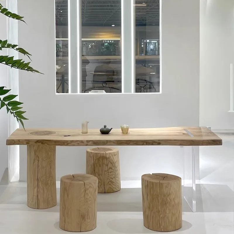 Nordic Japanese cream style solid wood large board table ash wood log light color desk special-shaped tea table