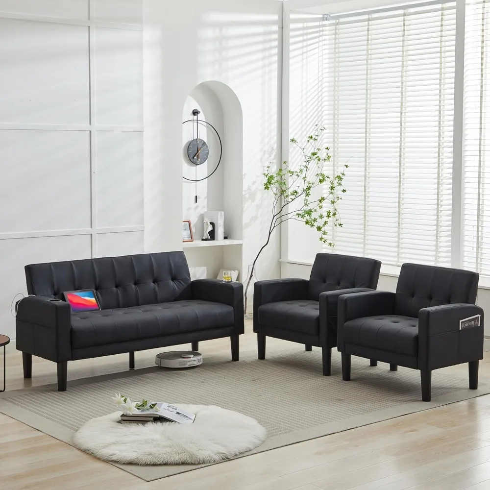 

Sofa Couch 62" W Loveseat w/ 2 USB Charger Ports & 2 Cupholders, Mid-Century Modern Tufted Small Love Seat Couches