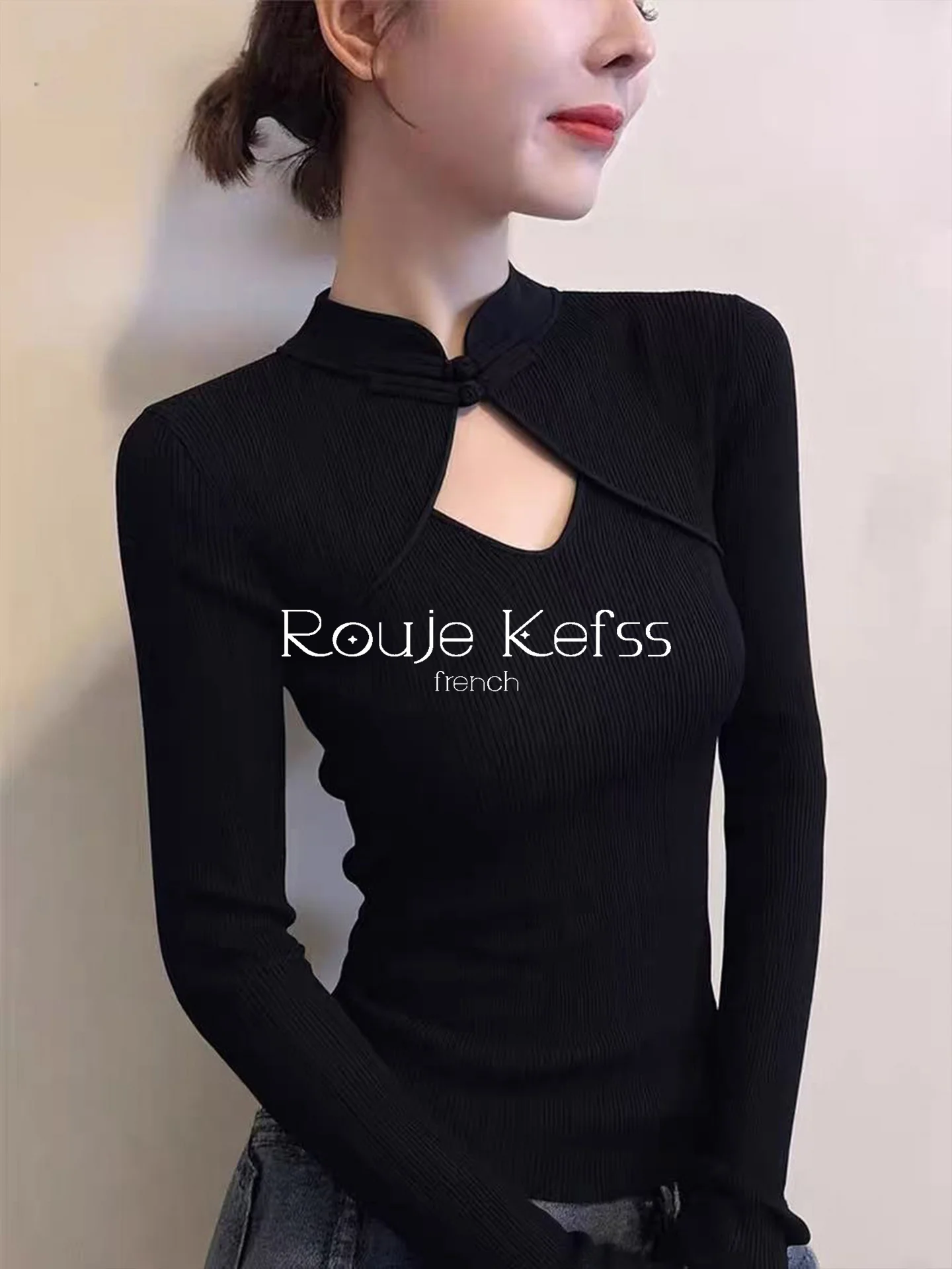 

Elegant Black Long Sleeve Knitted Top Women's New Style Waist-Cinching Stand Collar Button Design Rouje Kefss Fashionable Inn...