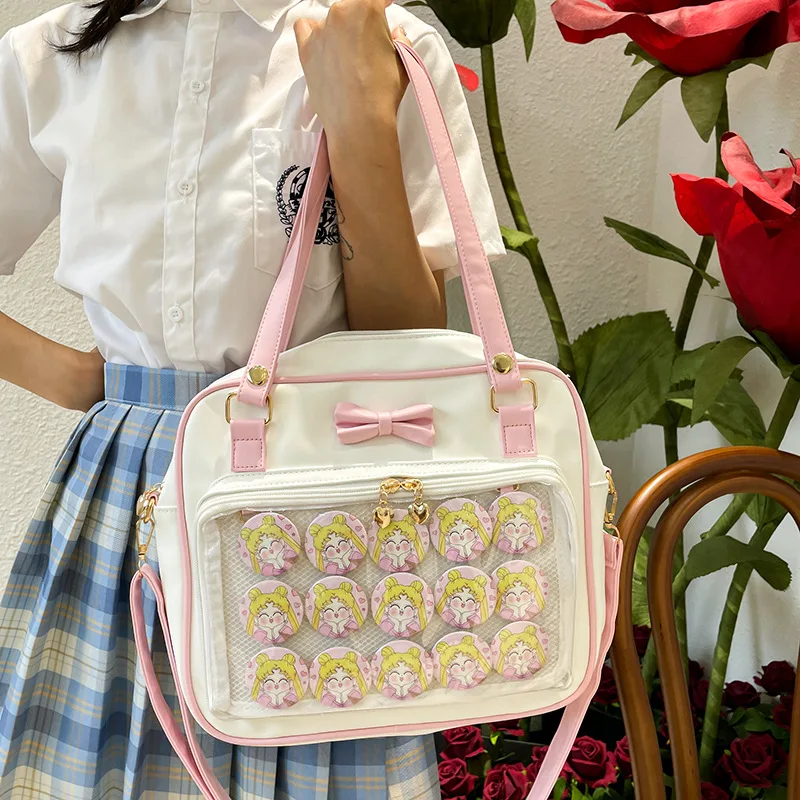 

Y2K Cute Bow Ita Bag Lolita Handbag Girl Transparent Messenger Bag Fashion Shoulder Crossbody Bags for Women DIY Badge Tote Bag