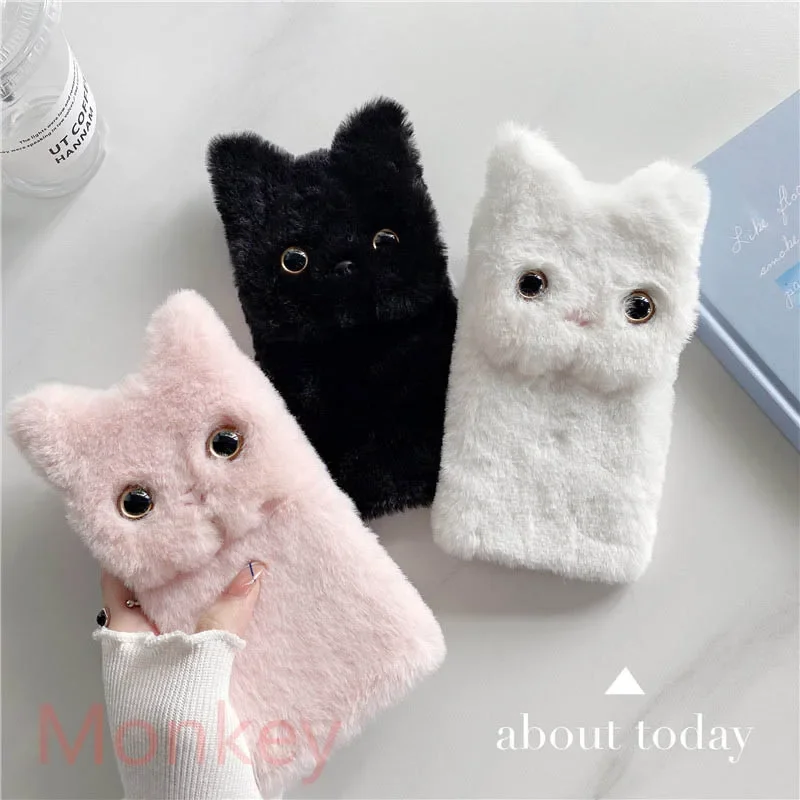 Fur Plush 3D Cat Ears Phone Case For OPPO Reno12 11 10 12F 11F 6 5 4 3 Pro 2 5F 2Z 2F Find X2 X3 Warm Winter Silicone Back Cover