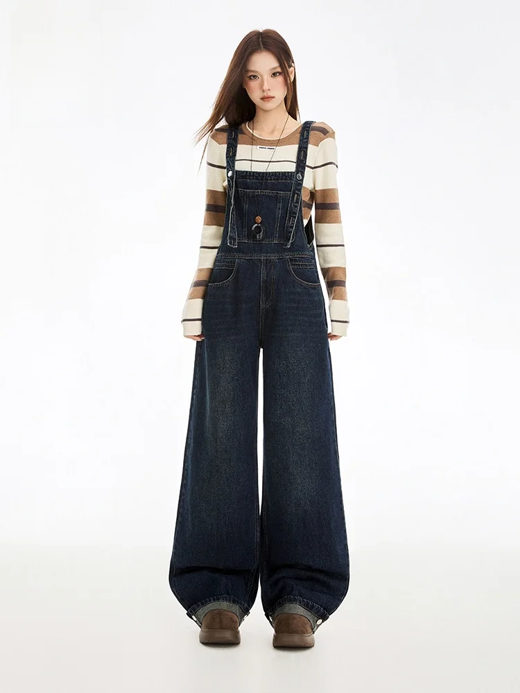 

American Retro Denim Overalls Women's Loose High Waist Slim Wide Leg Jumpsuit Spring Faion ket Detail High Waist Wide Le...