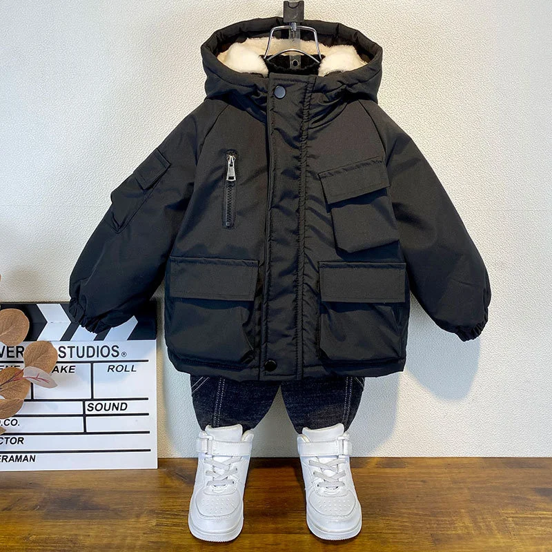 2025 Winter Boys Jacket Children Clothing Keep Warm Cotton Thicken Coats Kids Zipper Hooded Outerwear Plus Velvet Jackets
