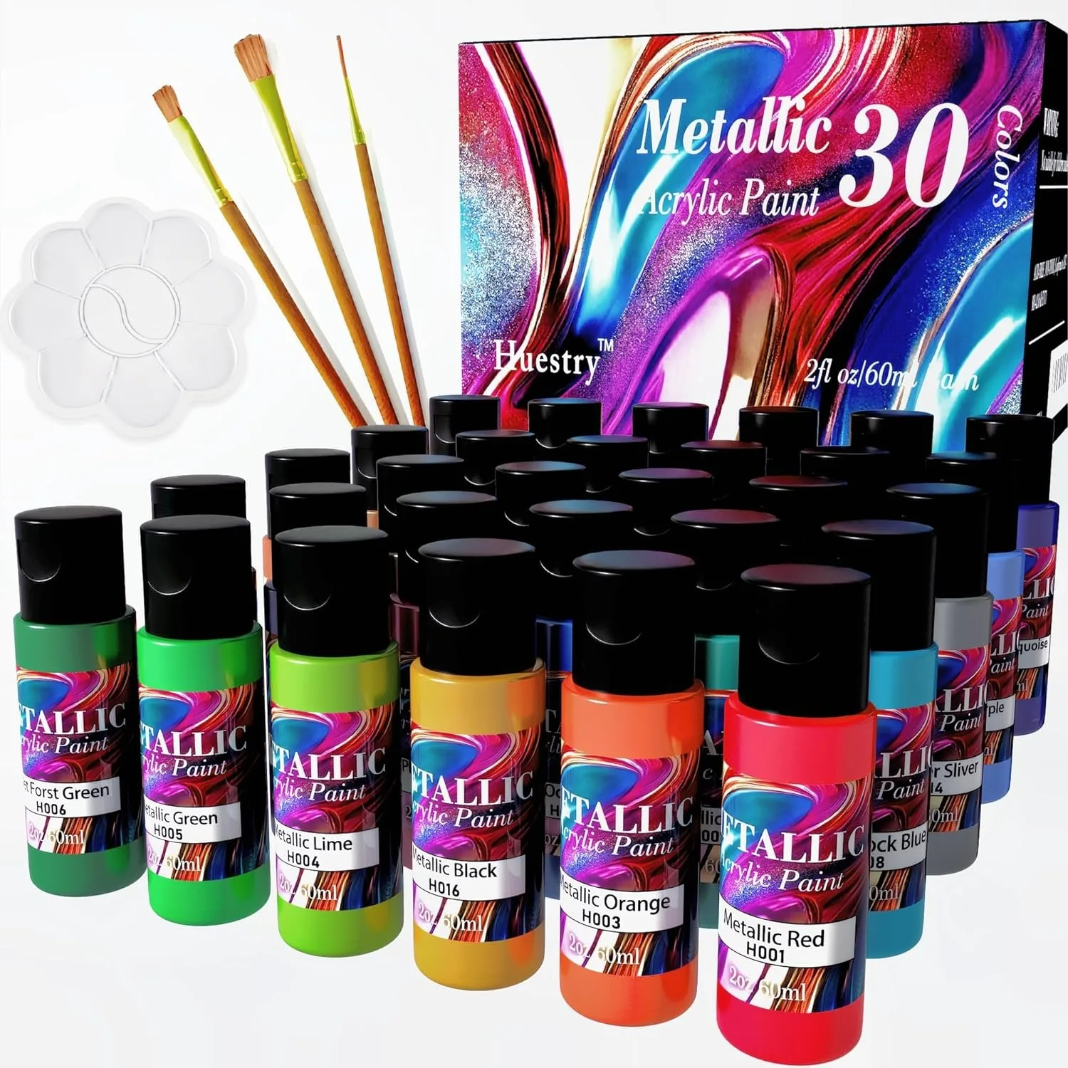 

Metallic Acrylic Paint Set of 30 Colors, 2 fl oz (60ml) Bottles for Canvas, Wood, Glass & More