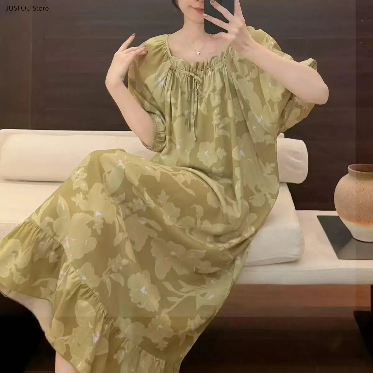 Women New Chinese Style Summer Nightgown, Short Sleeve with Peter Pan Collar, Casual Home Loungewear Sleep Dress