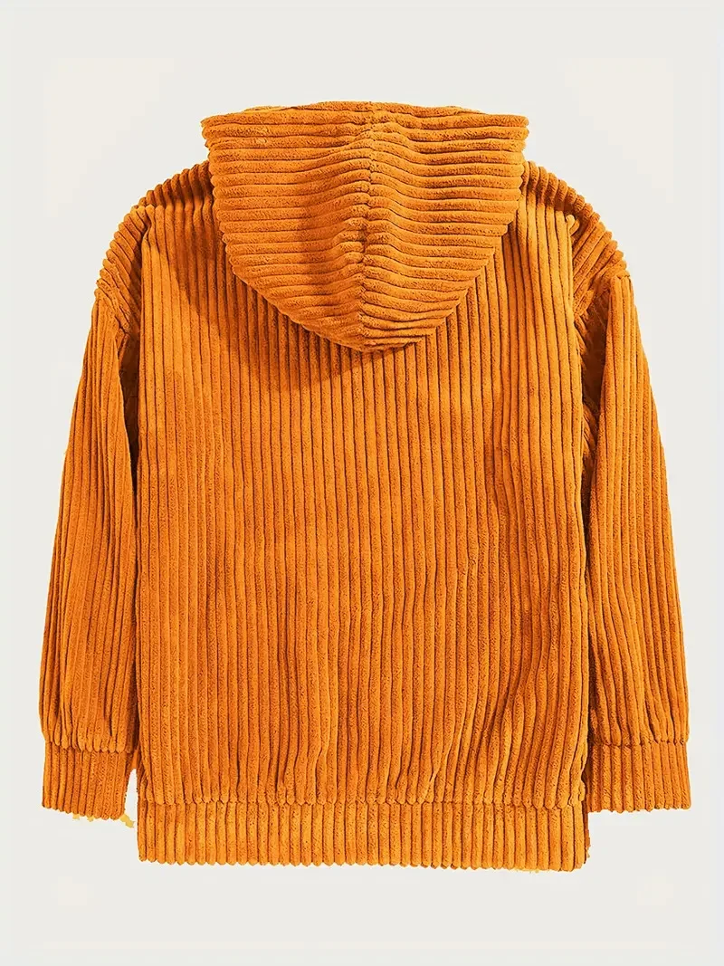 Vertical Thick Corduroy Sweatshirt with Drawstring Neck Kangaroo Pocket Ribbed Cuff Hem Oversized Loose Long Sleeve Hoodie