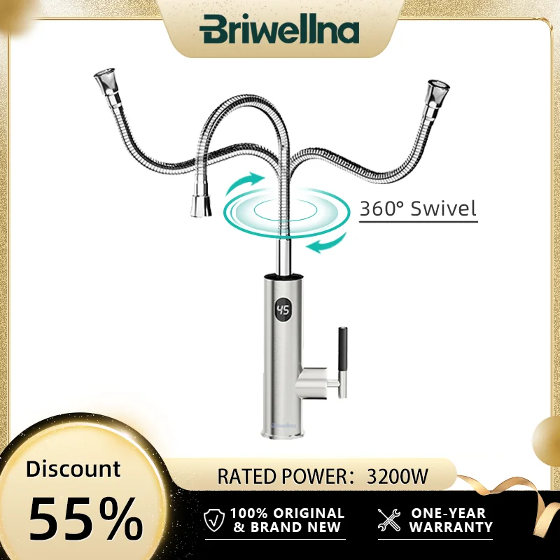 

Briwellna Electric Water Heater Flowing Universal Spout Kitchen Faucet 2 in 1 Stainless Steel Electric Faucet 220V Heating Tap