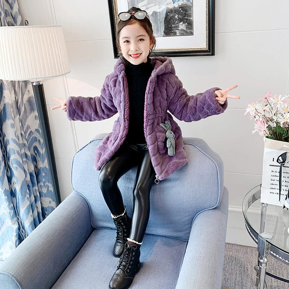 Big Girls Fur Coat Hoodies Solid Color Girls Coats Winter Kids Coat Casual Style Children\'s Clothing Girl