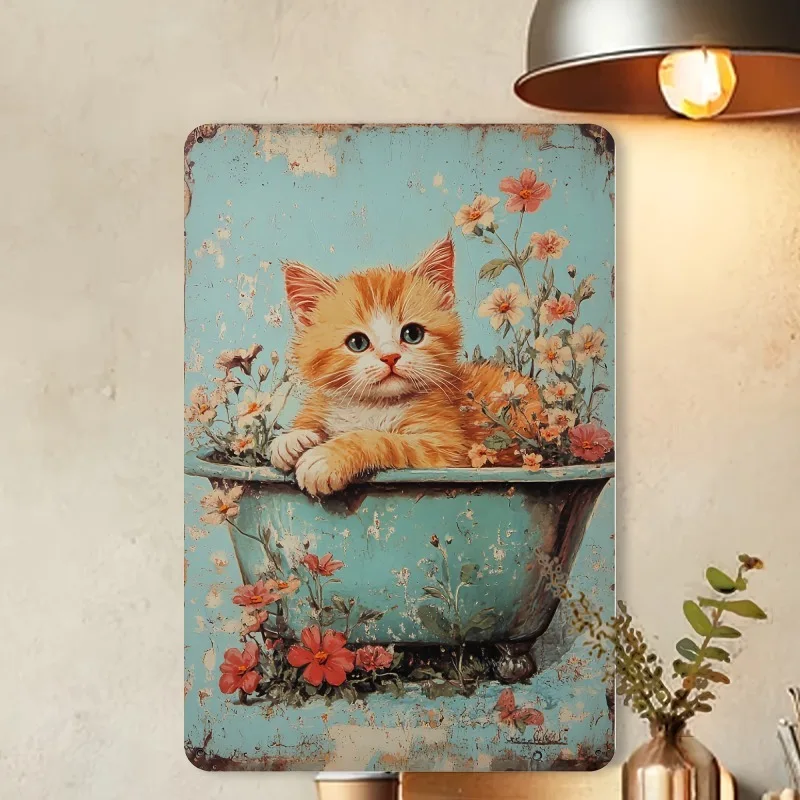 Fun Iron Bath Kitten Wall Artwork  Vintage Style Metal Plate Ideal for Indoor and Outdoor Decor Ideal for Home Cafe Bar Garage