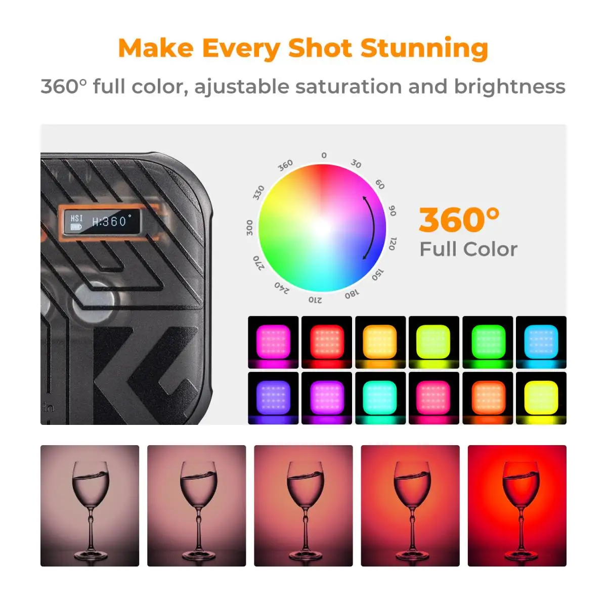 K&F Concept RGB Color Fill Light 2500K-9900K Adjustable Temperature Photography Video 40 LED Bulbs 2000mAh 6W Portable Light