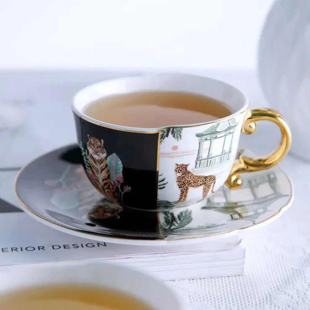 Tiger Leopard Colorful Ceramic Coffee Cup Gold Plated Painted Afternoon Tea Dessert Cup with Saucer Home Breakfast Oat Milk Cup