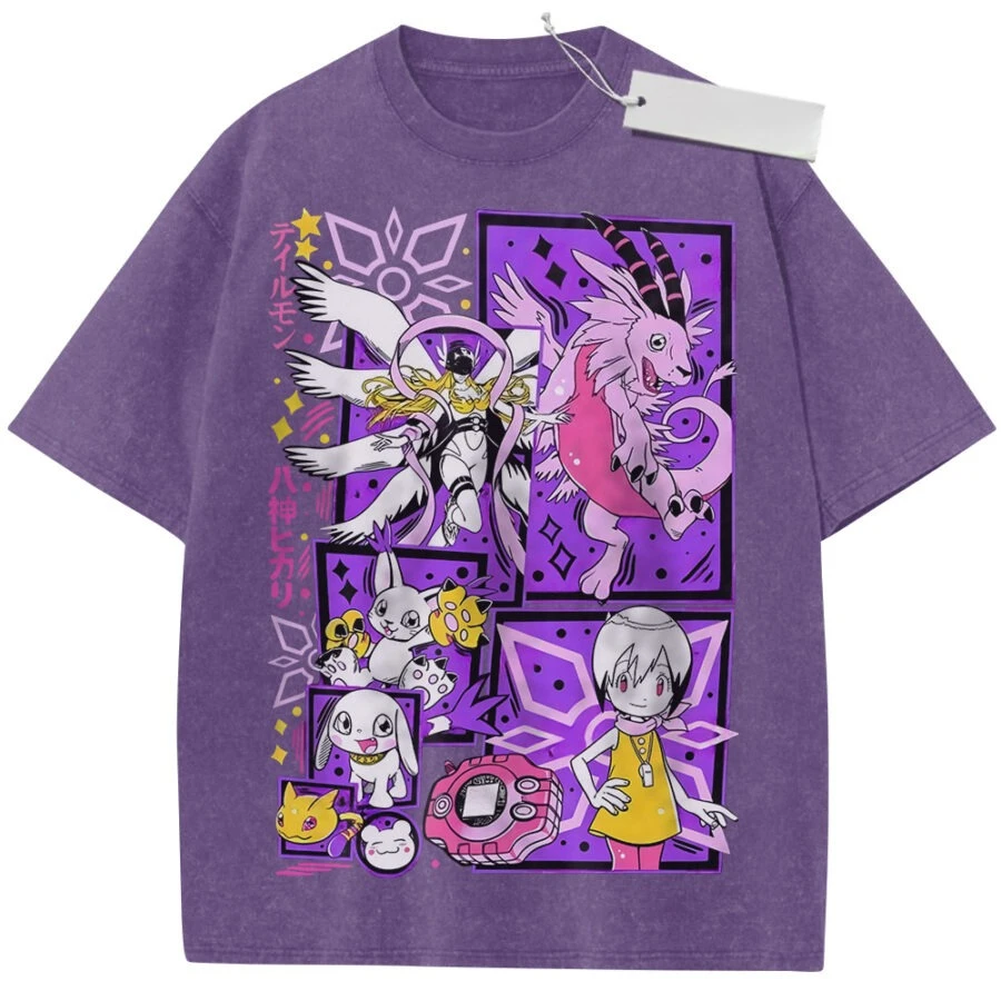 Unisex T-Shirt in verwaschenem Lila im Vintage-Stil mit Digimon Adventure Charakteren, hochwertiger Stoff für Zuhause, Freizeit, Reisen und Shopping.