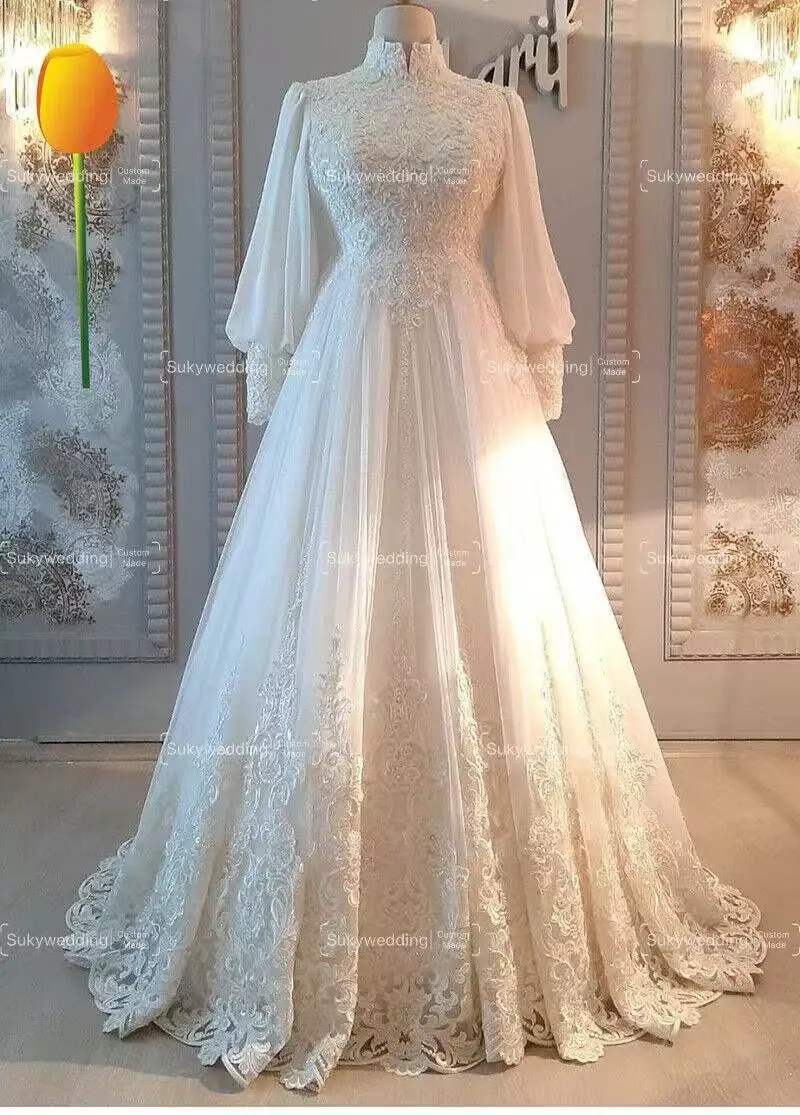 Marfim tule muçulmano vestidos de casamento lanterna mangas alta pescoço apliques uma linha vestidos de noiva rendas até vestidos de novia personalizado