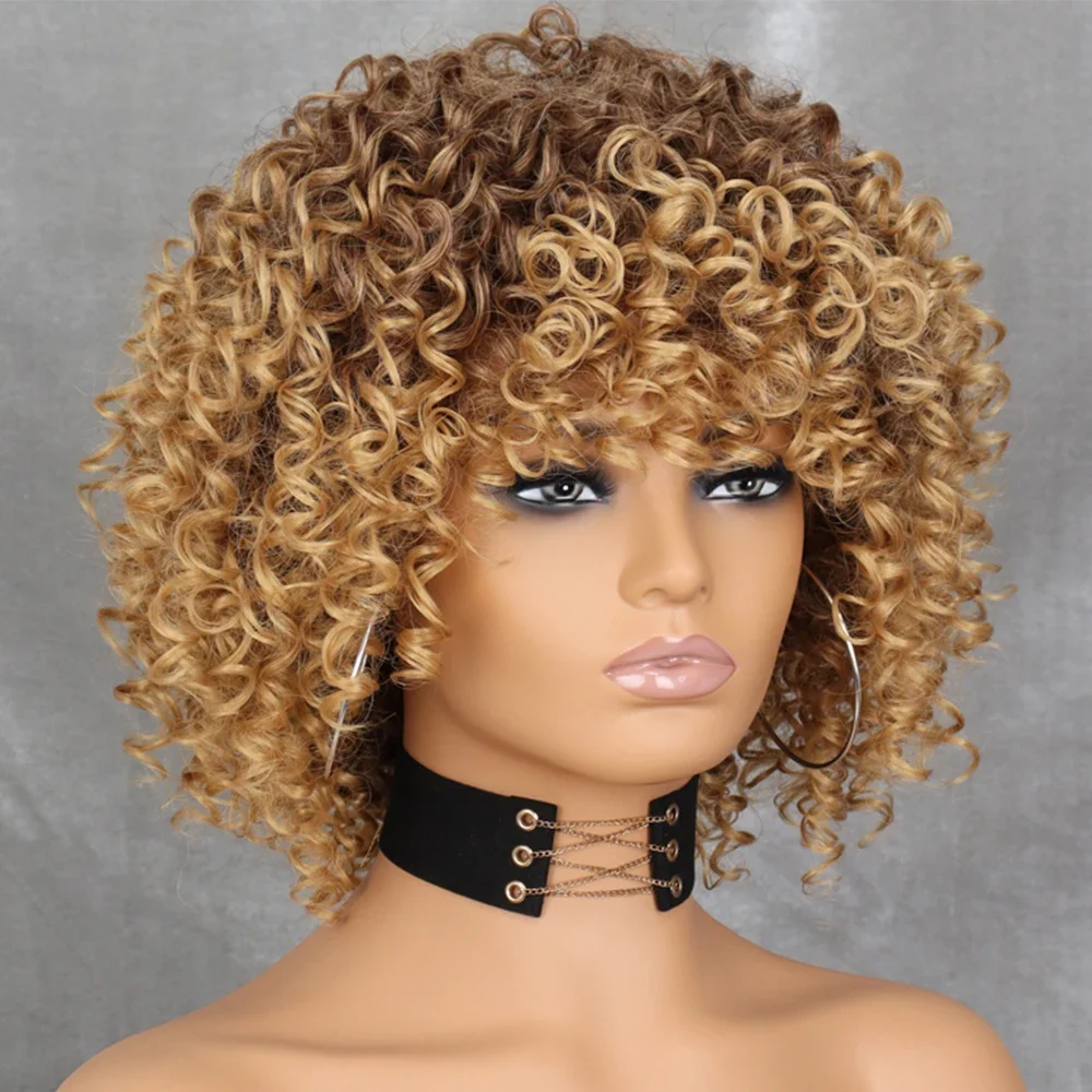 WERD Synthetic Curly Afro Blonde Wig With Bangs Shoulder Length Wigs Afro Kinkys Wigs Synthetic Curly Full Wig For Black Women