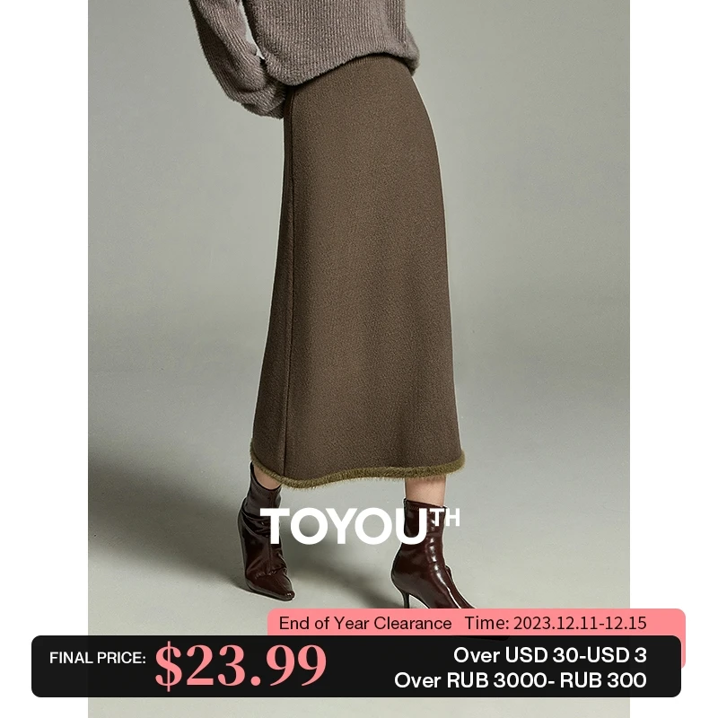 

Toyouth Women Knitted Skirt 2023 Winter Elastic Waist A-shaped Slim Fit Hem Stitching Imitation Mink Edge Versatile Long Skirt