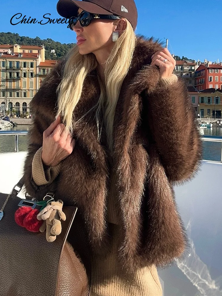 

Brown Long Sleeved Faux Fur Coat Vintage Buttons Big Collar Thick Warm Fury Turn-down Jacket 2024 Winter High Street Outerwear