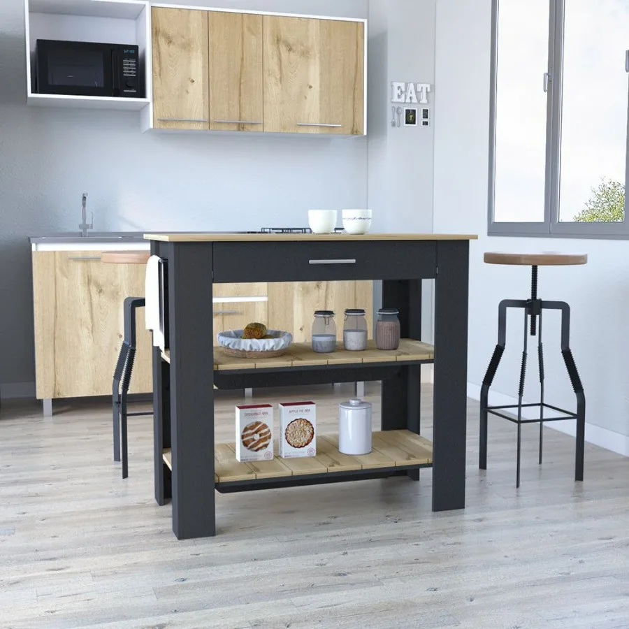 

Kitchen Island 40-дюймовая Dozza с двумя полками Черное покрытие из светлого дуба
