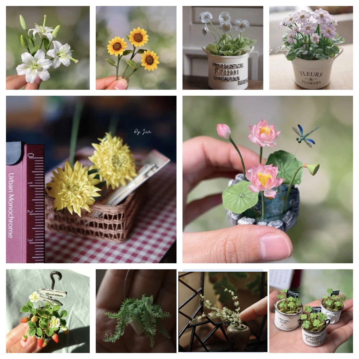 

Handmade Miniature Clay Plants - Lily, Lotus, Sunflower & Potted Greens | Dollhouse Miniatures, Realistic Details for Decor