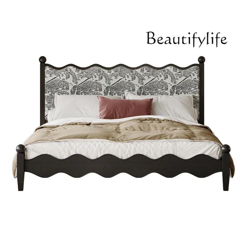 X36 French Solid Wood Bed 2025 New Ripple Bed Retro Style Master Bedroom 1.8 Meters Solid Wood Medium And Ancient Style Wave Bed