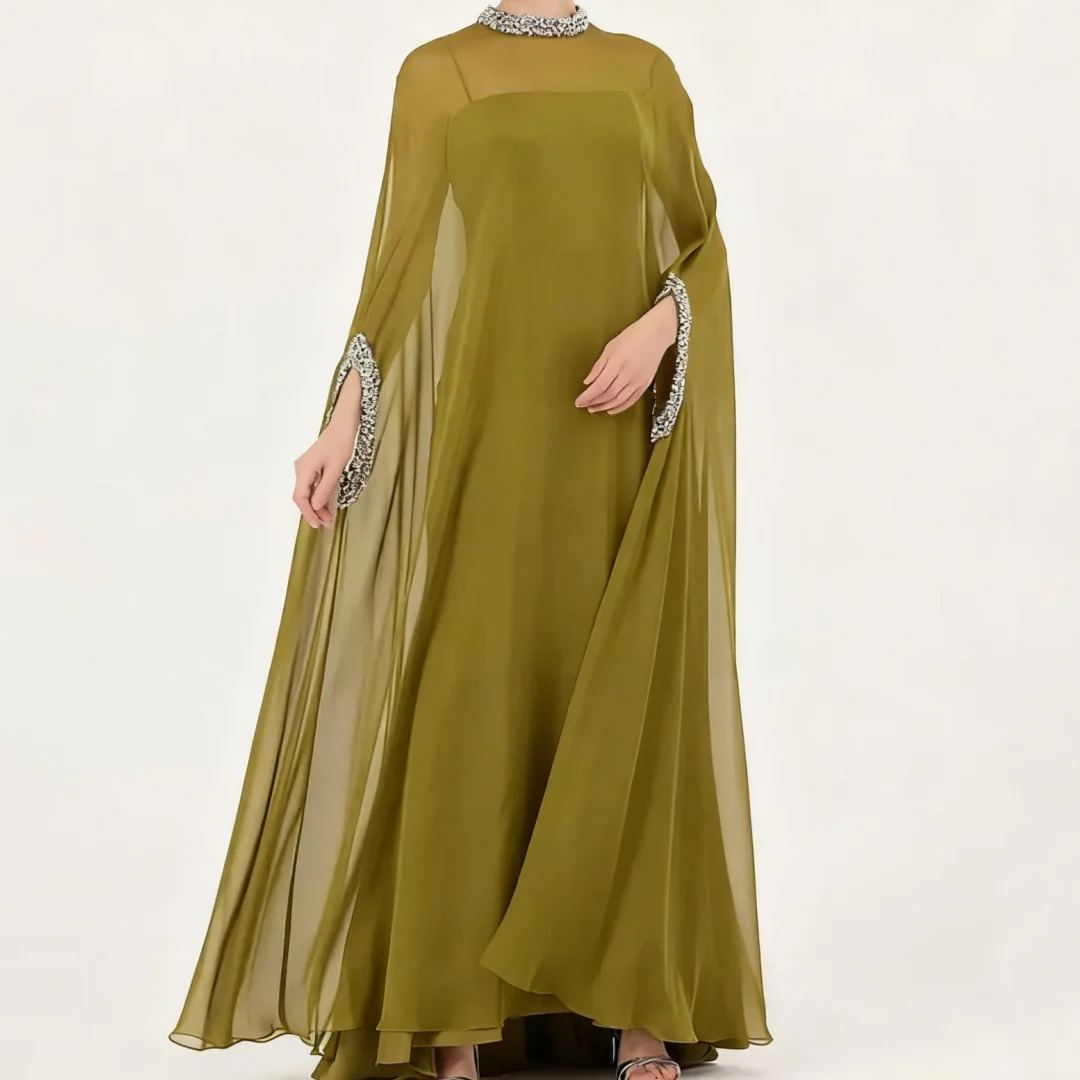 

Crystal O Neck Cape Illusion Formal Party Gowns Ankle Length Evening Dress Elegant Mother of the Bride Dresses for Wedding