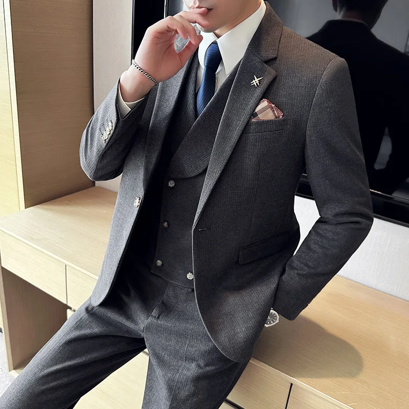 One Button Wedding Leisure Suit M-5XL (suit + Vest + Trousers) 2023 New Men's High-quality Slim Solid Color Suit Three-piece Set