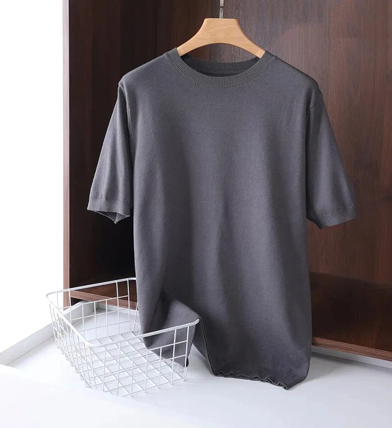 Superfine Merino Wool T Shirt Men\'s Knitted O-neck Breathable Thin Cashmer Short Sleeve Tee Solid Color Tops