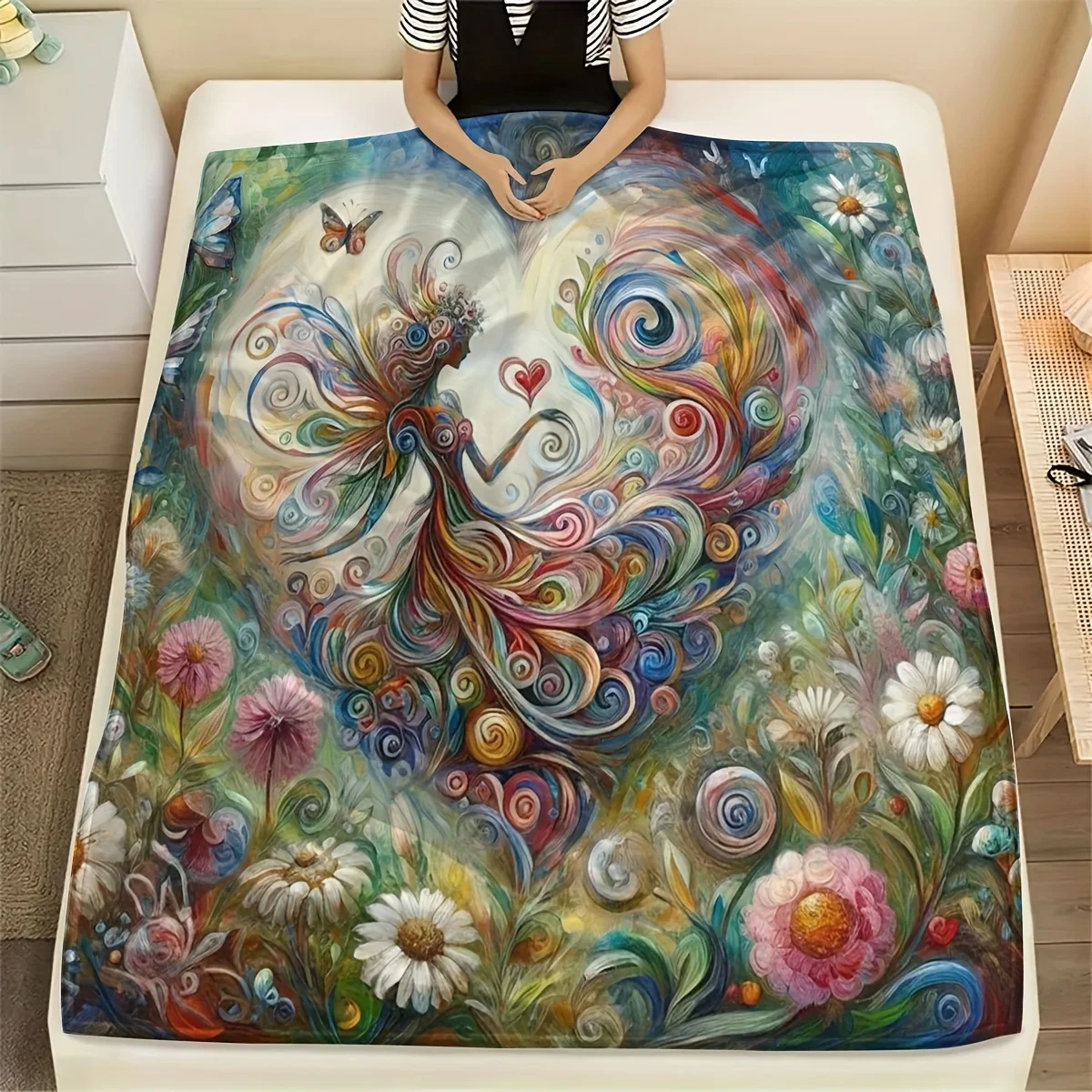 Boho Art Fairy Blanket Vibrant Psychedelic Swirl‑wing Fairy Figure With Little Heart Amid Lush Daisy Colorful Florals Butterfly