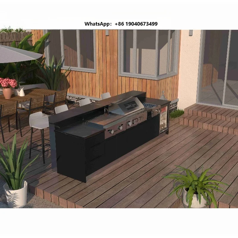 High Quality Matte Black Color Outdoor Grill Kitchen With Griddle Fridge and Bar for Garden Usage XH