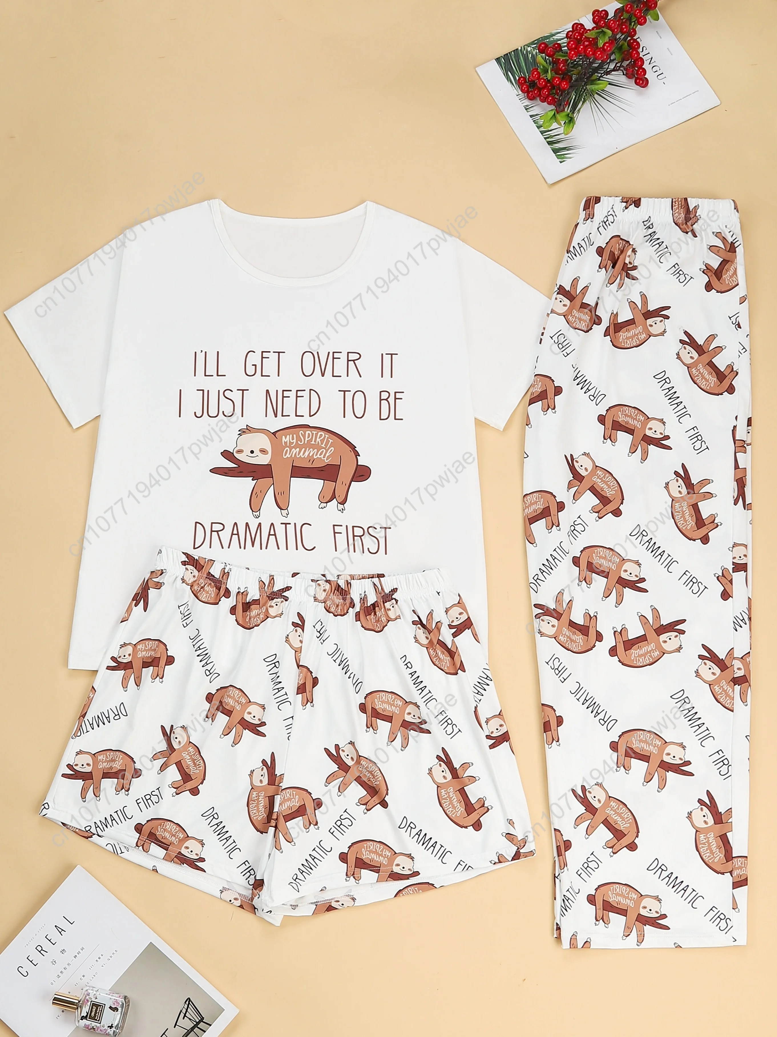 

[Sloth Print Pajama] Three-Piece Plus Size Sloth Print Pajama Set for Women | Short Sleeve T-Shirt, Shorts & Long Pants Lounge S