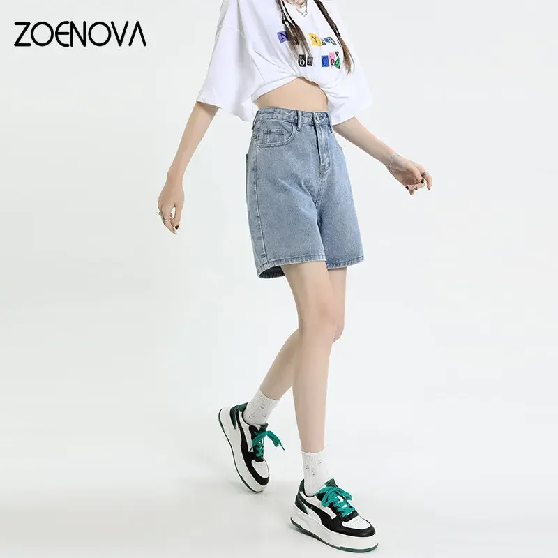 ZOENOVA Women High Waist 2023 Do Old Retro Style New Loose Straight All Match Hot Pants Denim Ins Five Point Wide Shorts Jeans