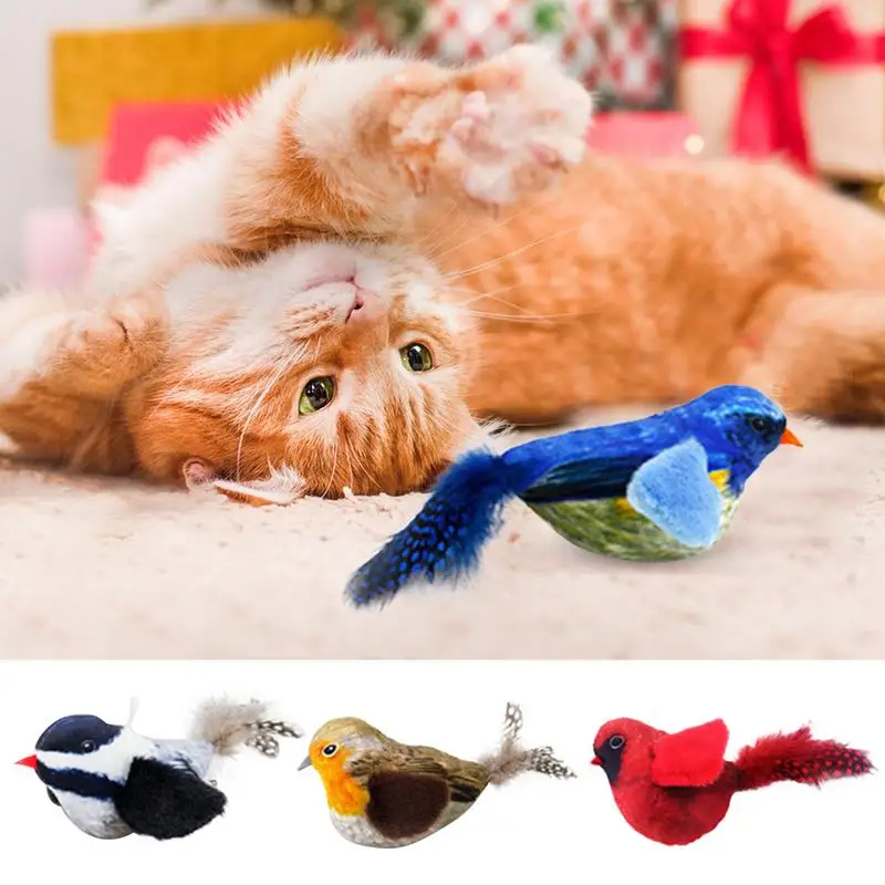 Bird Cat Toy Interactive  Kitten Toys with Feather Cat Wand Toy  Vivid Bird Chirp Tweet Rechargeable Touch Activated Kitten Toy