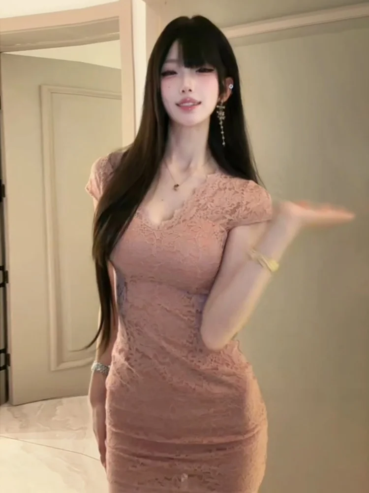 

Stazf7 Summer Slimming Lace Dress V-neck Pure Desire Style Women's Short Skirt Sexy Fashion plus Size Casual Short Dress
