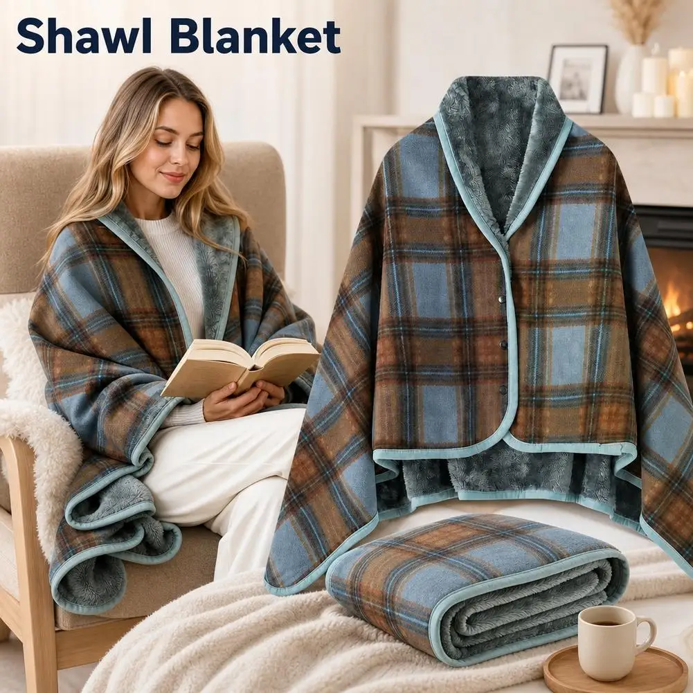 Fleece Wearable Blanket, Plaid Lap Blanket Comfy Poncho Throw with Button Plaid Throw Cushion for Bed Sofa Office