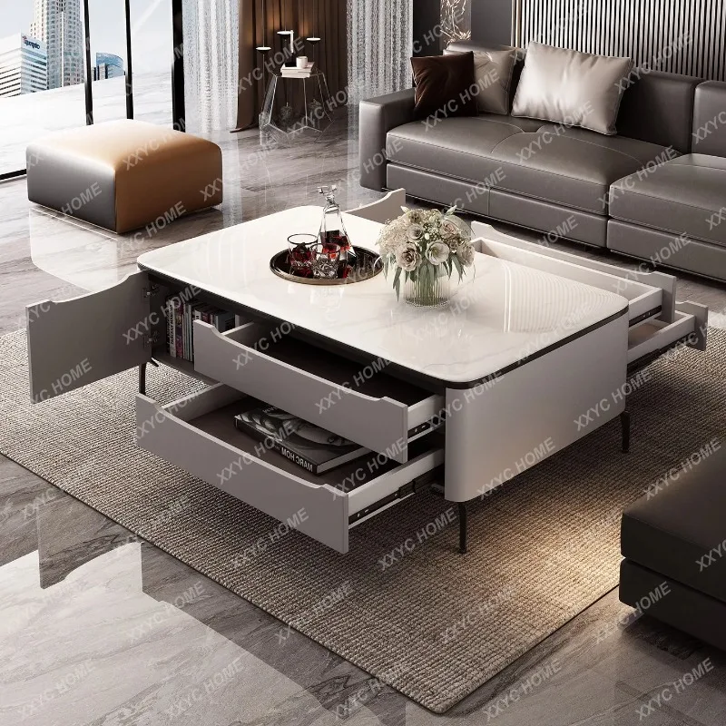 XX  Modern  solid wood microcrystalline stone coffee table with hollow multi-style storage tea table rock slab square table