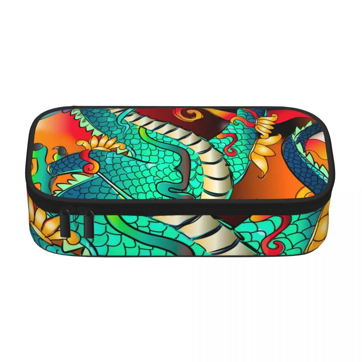 Green Chinese Dragon Pencil Case Dance Animal Print Elementary School Large Zipper Pencil Box Girls Boys Cute Pen Organizer