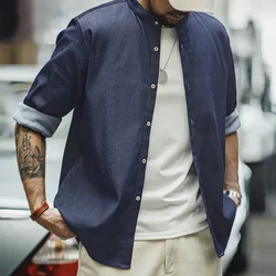 Maden Vintage Single-breasted Denim Shirt with Washed Round Neck Casual Solid Color Long-sleeved Shirts for Men's Autumn