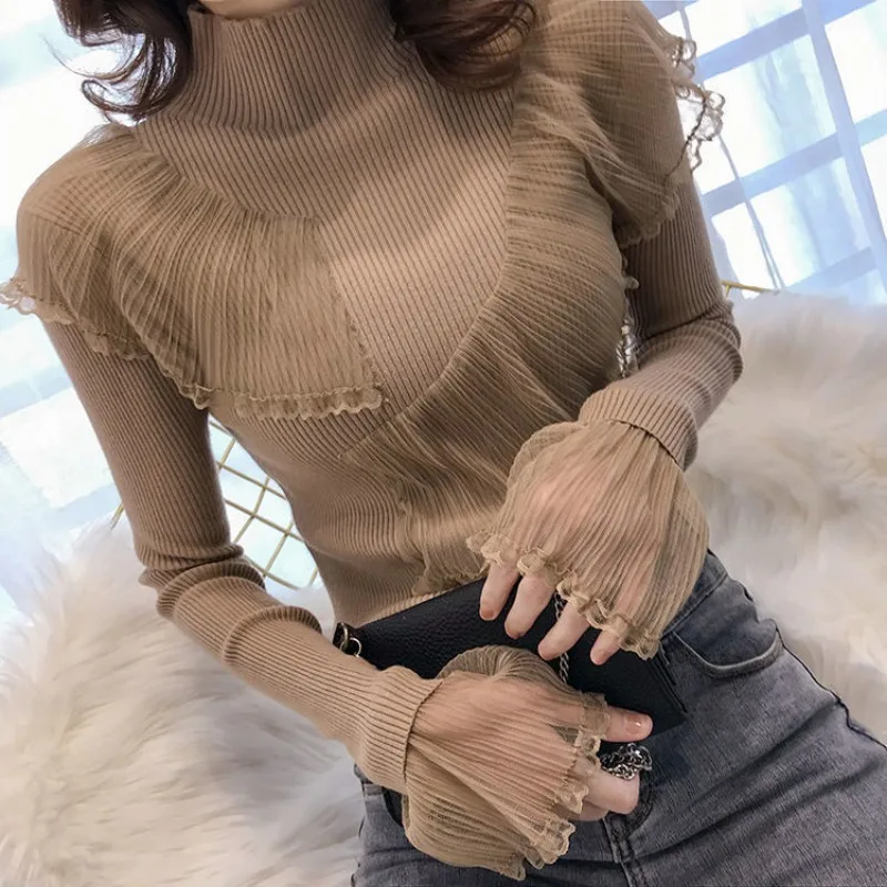 

Women Autumn Winter Fashion Patchwork Lace Slim Mock Neck Long Sleeve Knitwear Ladies Casual All-match Knitting Bottoming Shirt