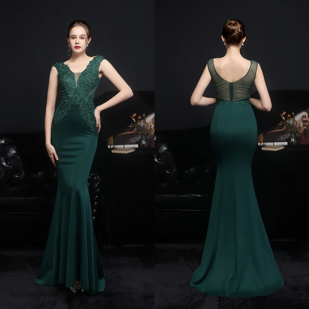 

Evening Dress Green Appliques Stretchy V-neck Sleeveless Zipper Back Mermaid Trumpet Floor Length Women Party Formal Gowns YE092