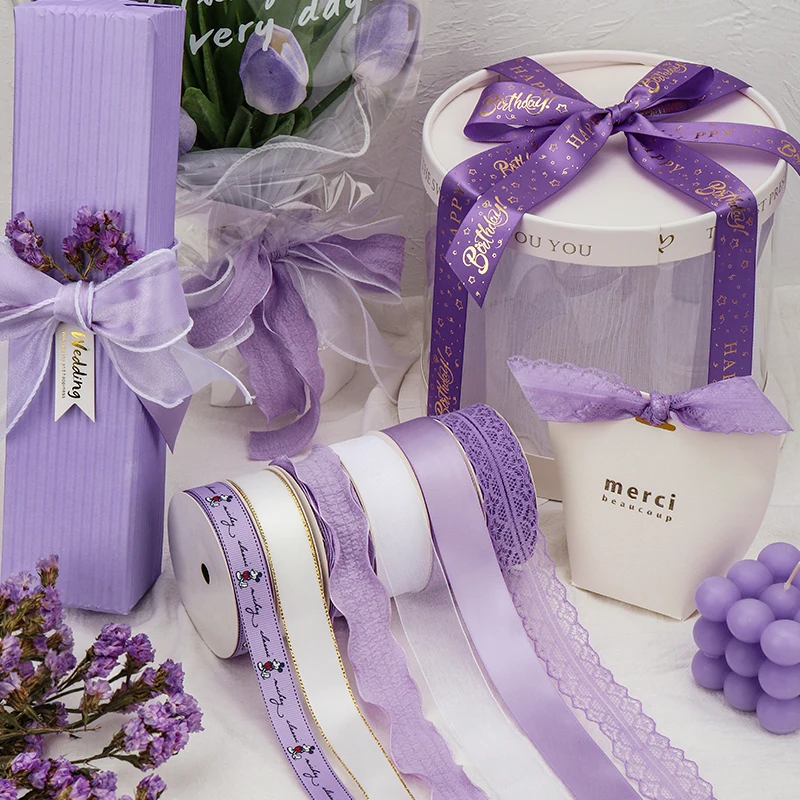 Elegant Lavender Purple Series Ribbon DIY Handmade Material Gift Packaging Birthday Cake Flower Decoration Valentine\'s Day