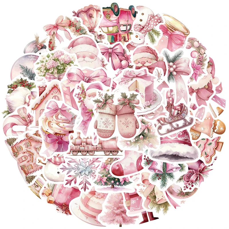 Vintage Pink Xmas Stickers 50 PCS - Waterproof Vinyl Decal for Scrapbooking Water Bottles Cute Pink Santa Claus & Christmas Tree
