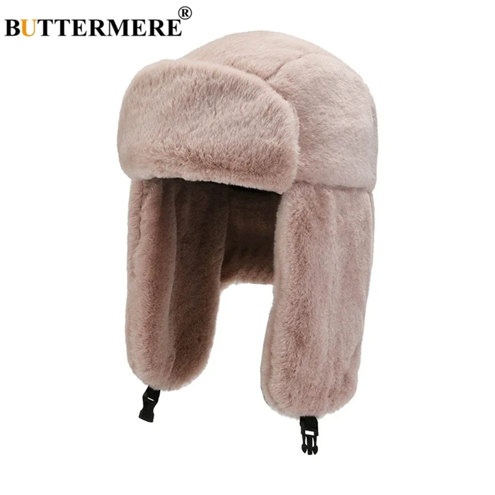 

BUTTERMERE White Women Hat Winter Faux Fur Bomber Hats Earflap Thick Snow Ski Brand Solid Black Pink Khaki Russian Cap