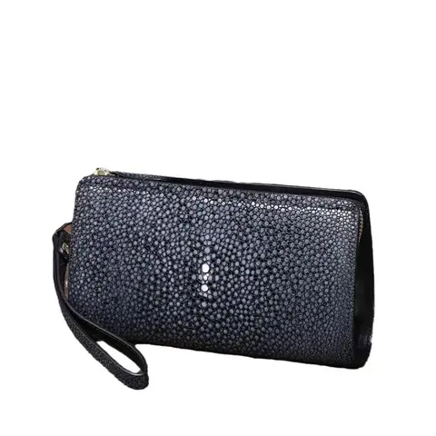 Exotic Pearl Fish Skin Printed Men's Small Black Clutch Purse Authentic Stingray Leather Pattern Male ZIP Wristlets Pouch Bag