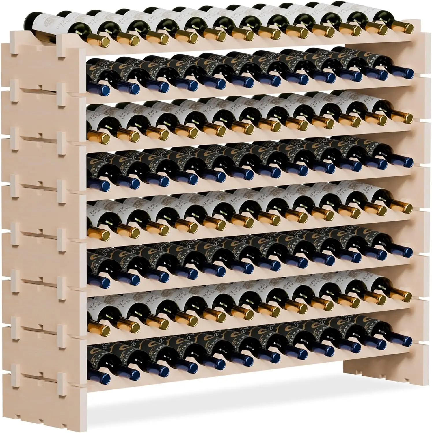 

96 Bottles Stackable Modular Wine Rack, 8-Tier Wooden Wine Storage Rack Freestanding Wine Holder Display Shelves,Solid Wood