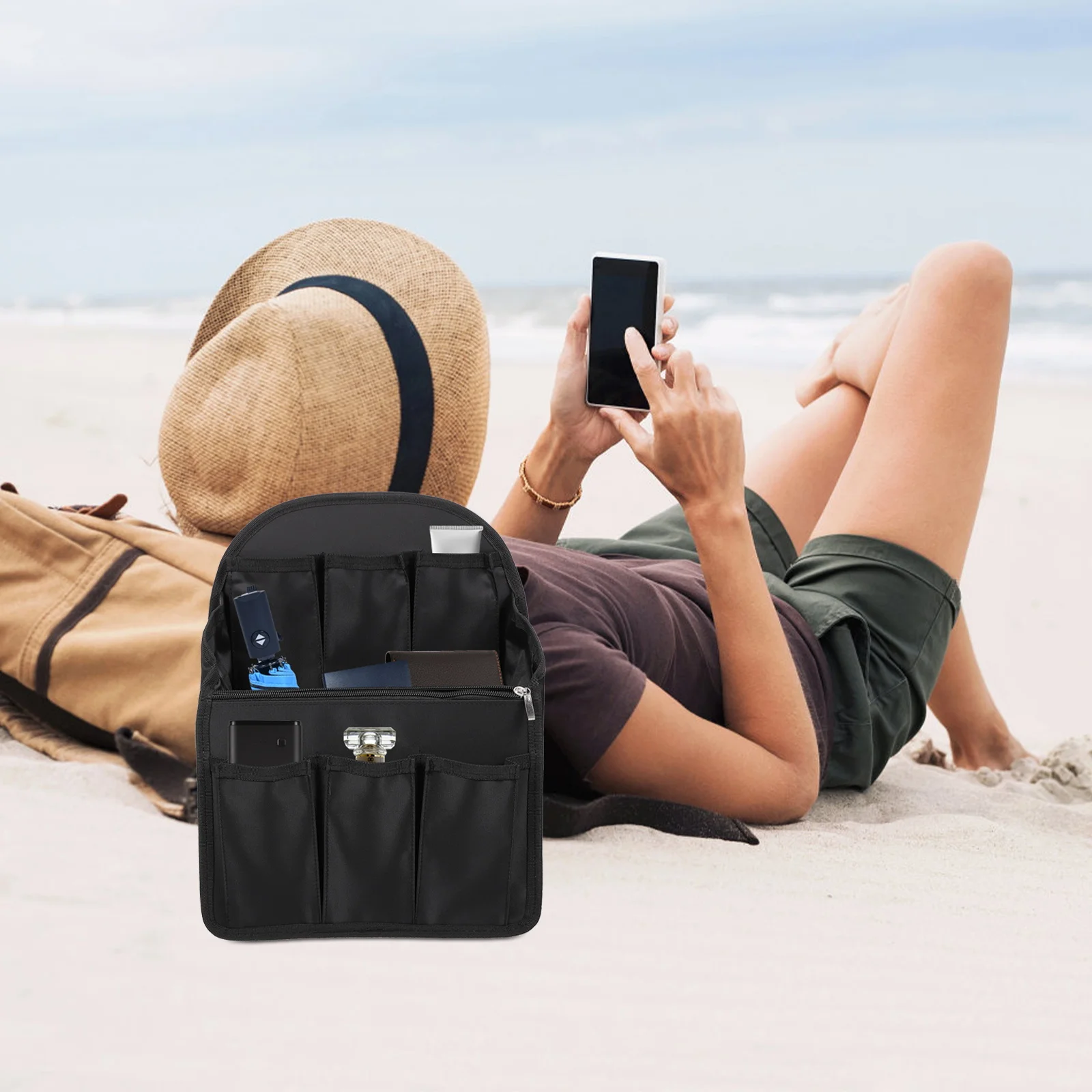 

Backpack Organizer Insert Premium Nylon Foldable Storage Bag Multi Pockets Travel Phone Accessories Lightweight Durable