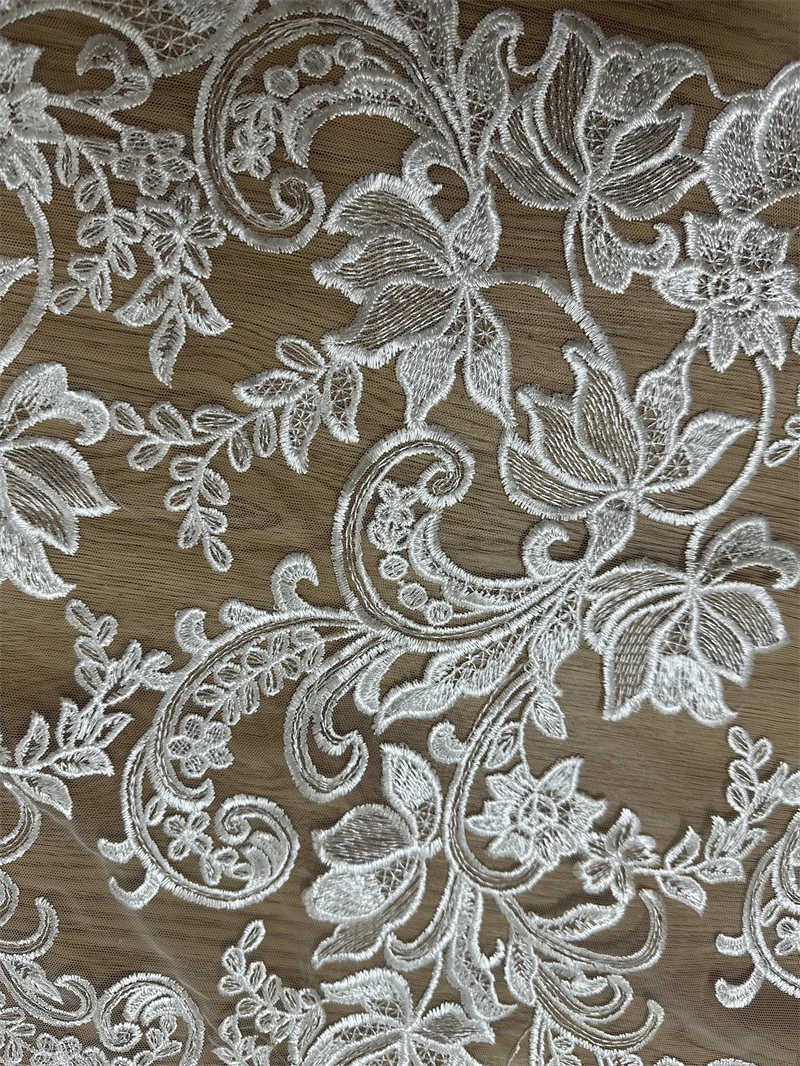 Super Hot Off White Embroidery Lace Fabric High Quality Mesh French Chantilly Guipure Lace Fabric 1 Yard
