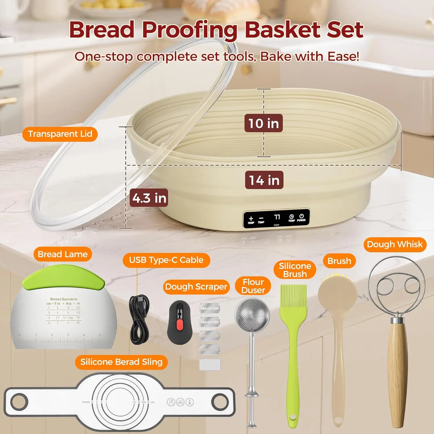 Ensemble de paniers d'épreuve de pain au levain chauffant 4L – Panier d'épreuve de pain Banneton ovale en silicone de 14 pouces avec minuterie améliorée et 6 températures