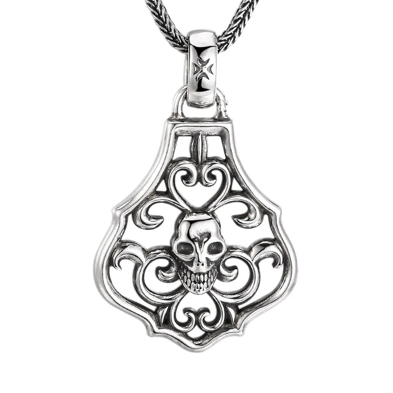 

Vintage Style Skull & Vine Floral Pendant - 925 Silver Gothic Necklace with Antique Finish, Versatile Unisex Statement Jewelry