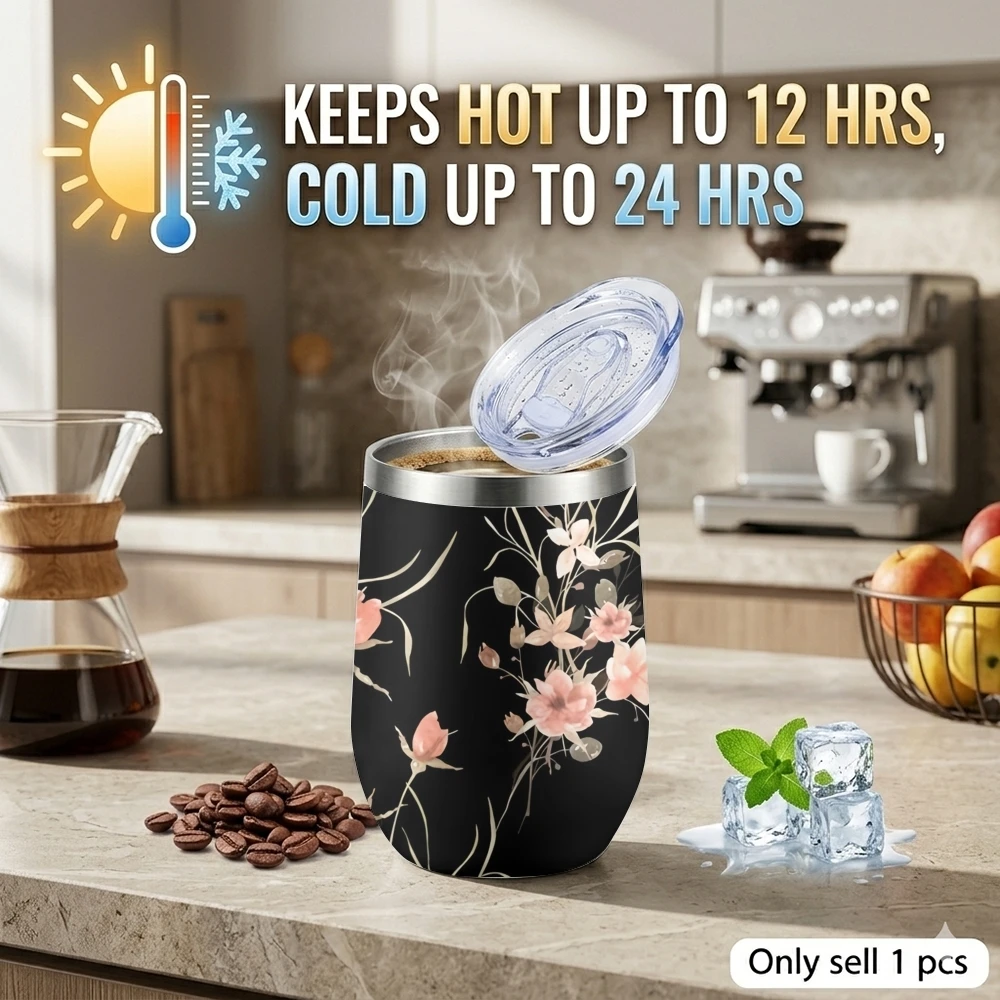 Dark Backdrop Florals Vacuum Flasks 12oz Insulated Stainless Steel Mug with Lid Travel Tumbler Double Wall Drink Coffee Cup