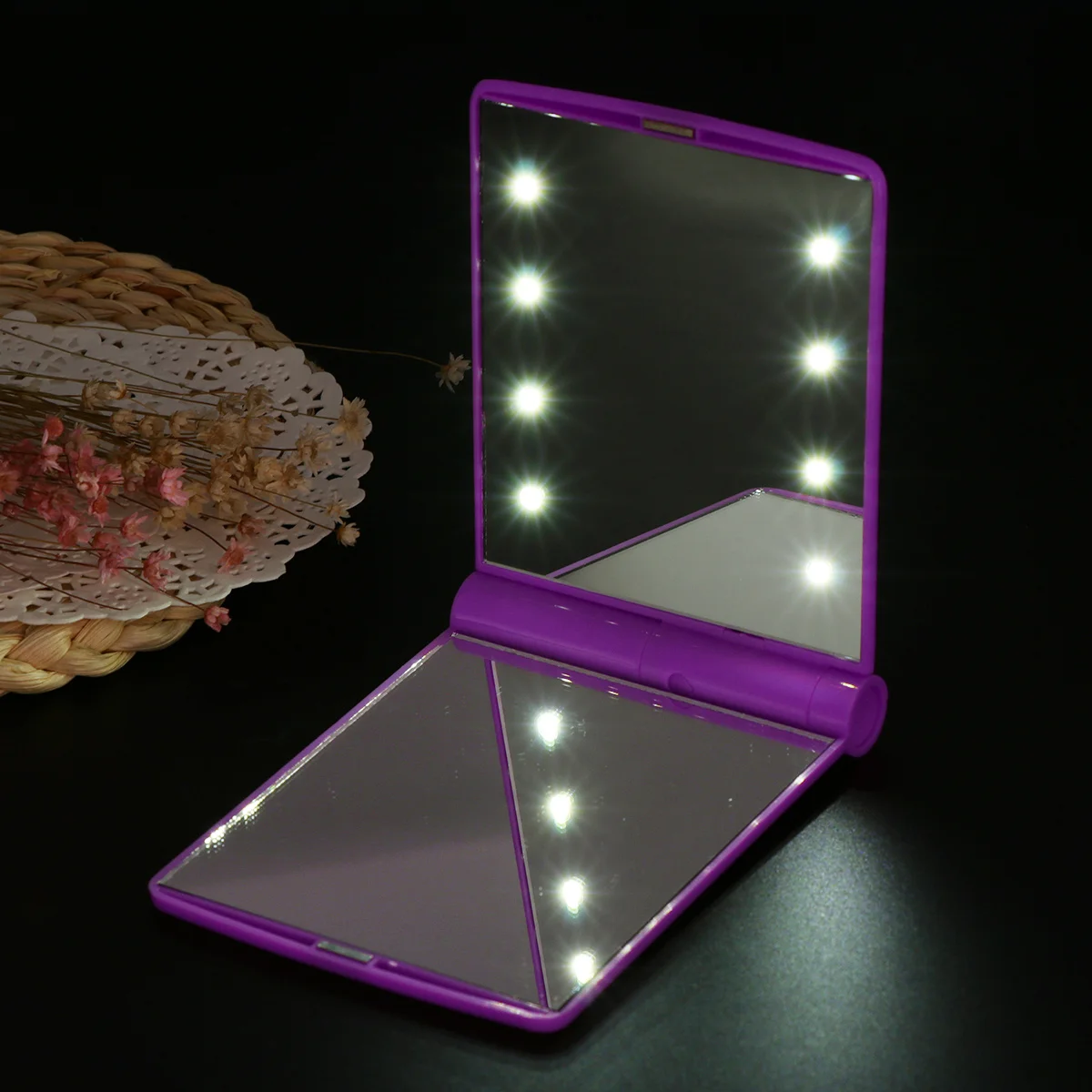 

LED Lighted Makeup Mirror 8-LED Portable Compact Folding Design 330 Degree Rotation Purple Ideal for Poorly Lit Areas